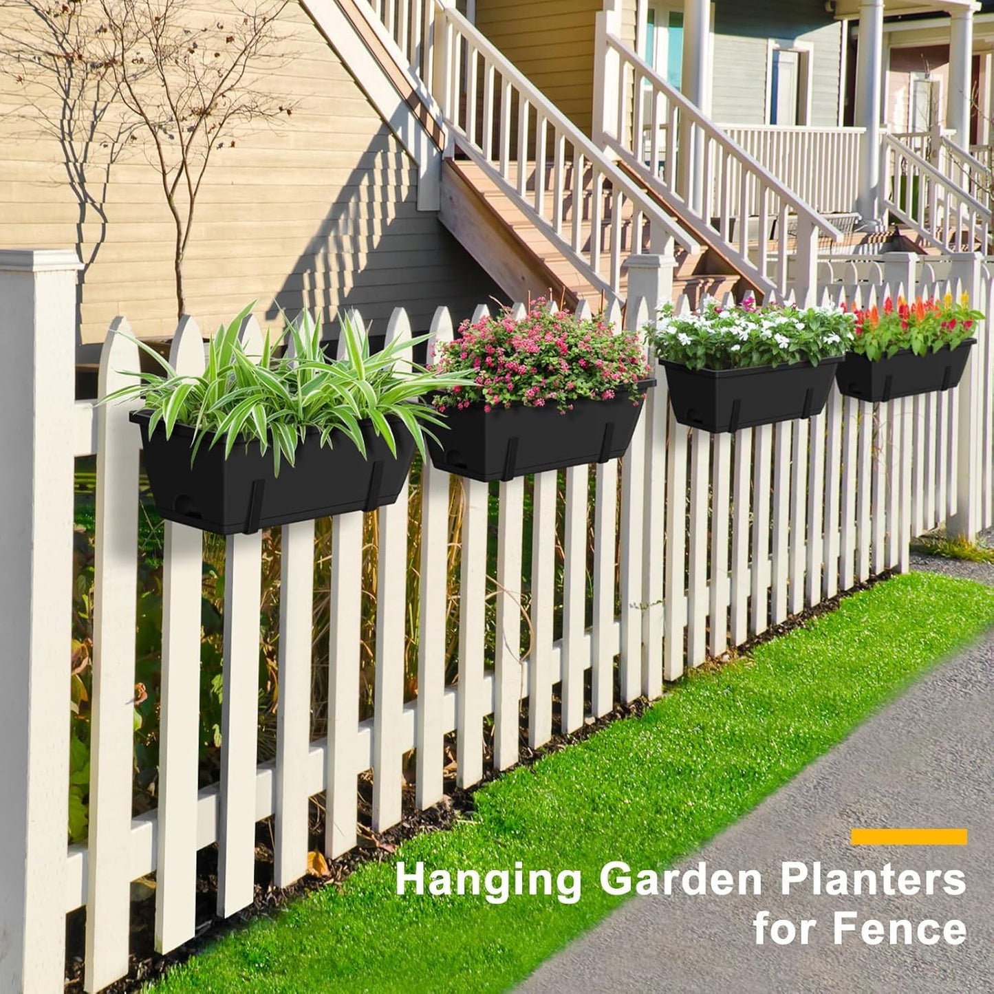 FANSXIVITA Balcony Planters Railing Hanging, Deck Railings Planter Boxes 16.9in, Railing Planter Box, Deck Planters for Railings, Railing Flower Box with Metal Brackets, Black (4Pcs)