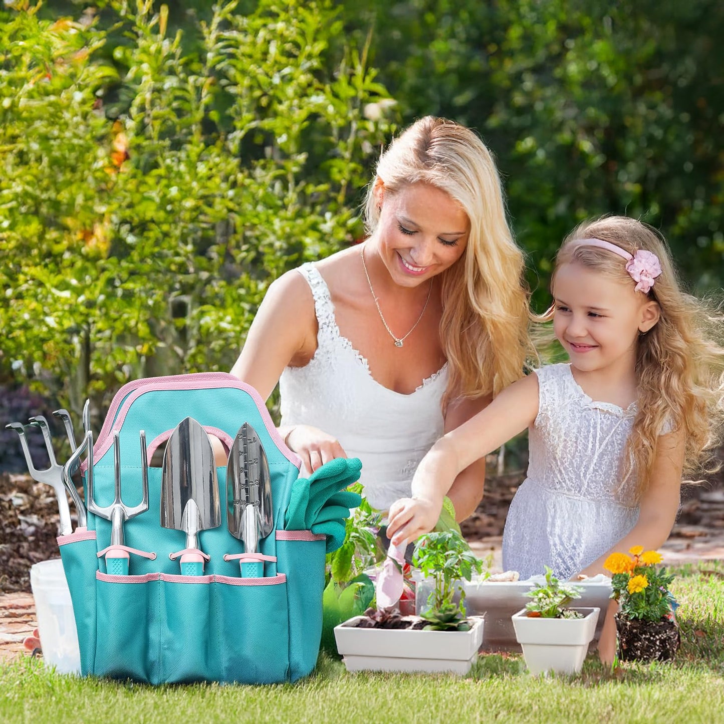 MelonArt Garden Tool Set,8 Pcs Gardening Hand Tool Starter Kit for Women Heavy Duty Outdoor Tool Kit Aluminum Alloy with Non Slip Ergonomic Handle, Ideal Gifts for Women and Men, Green&Pink