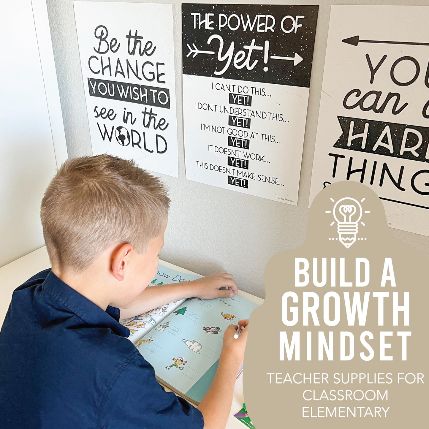 Hadley Designs Motivational Poster for Classroom Decor - 9 Growth Mindset Classroom Posters Elementary, Inspirational Wall Decor Middle School, Teacher Must Haves, Black Bulletin Board Decorations