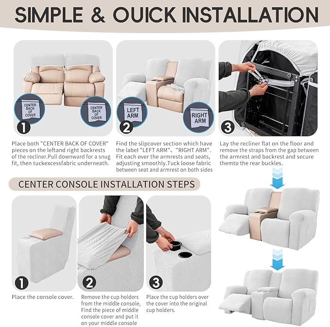 Recliner Loveseat Covers with Console, 6-Piece Stretch Geometric Strokes