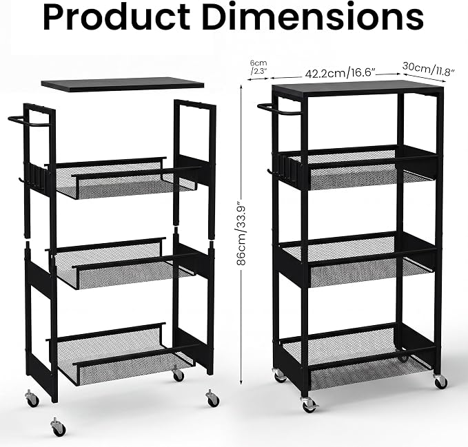 Rolling Utility Cart, 4 Tier Metal Storage Cart with Handle and Wood Top, Multifunctional Mobile Shelf Unit Organizer Trolley for Laundry, Bathroom, Kitchen