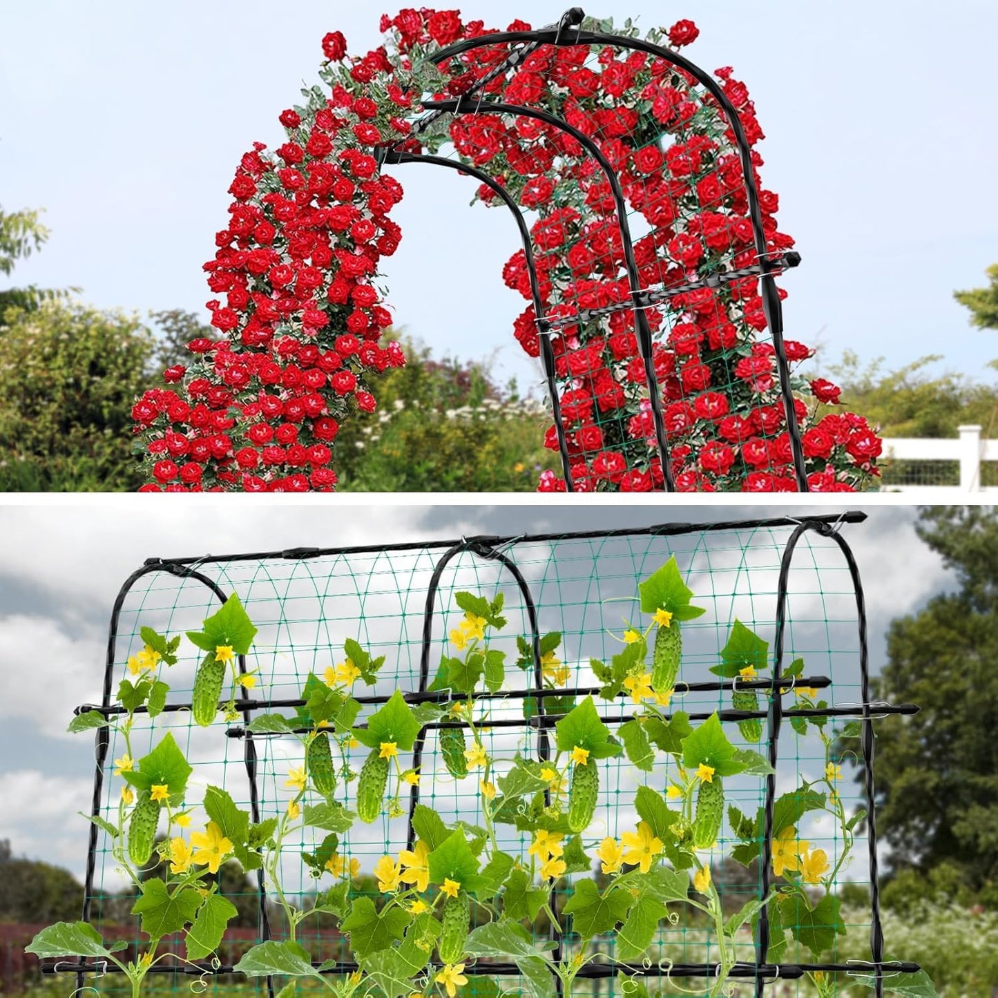 7.3FT Cucumber Trellis for Raised Bed, Garden Arch Trellis with Net, Rustproof Metal Plant Support for Climbing Plants Outdoor, Tomato Zucchini Squash Bean Pea Melon Vine, Rose Flower Garden Arbor