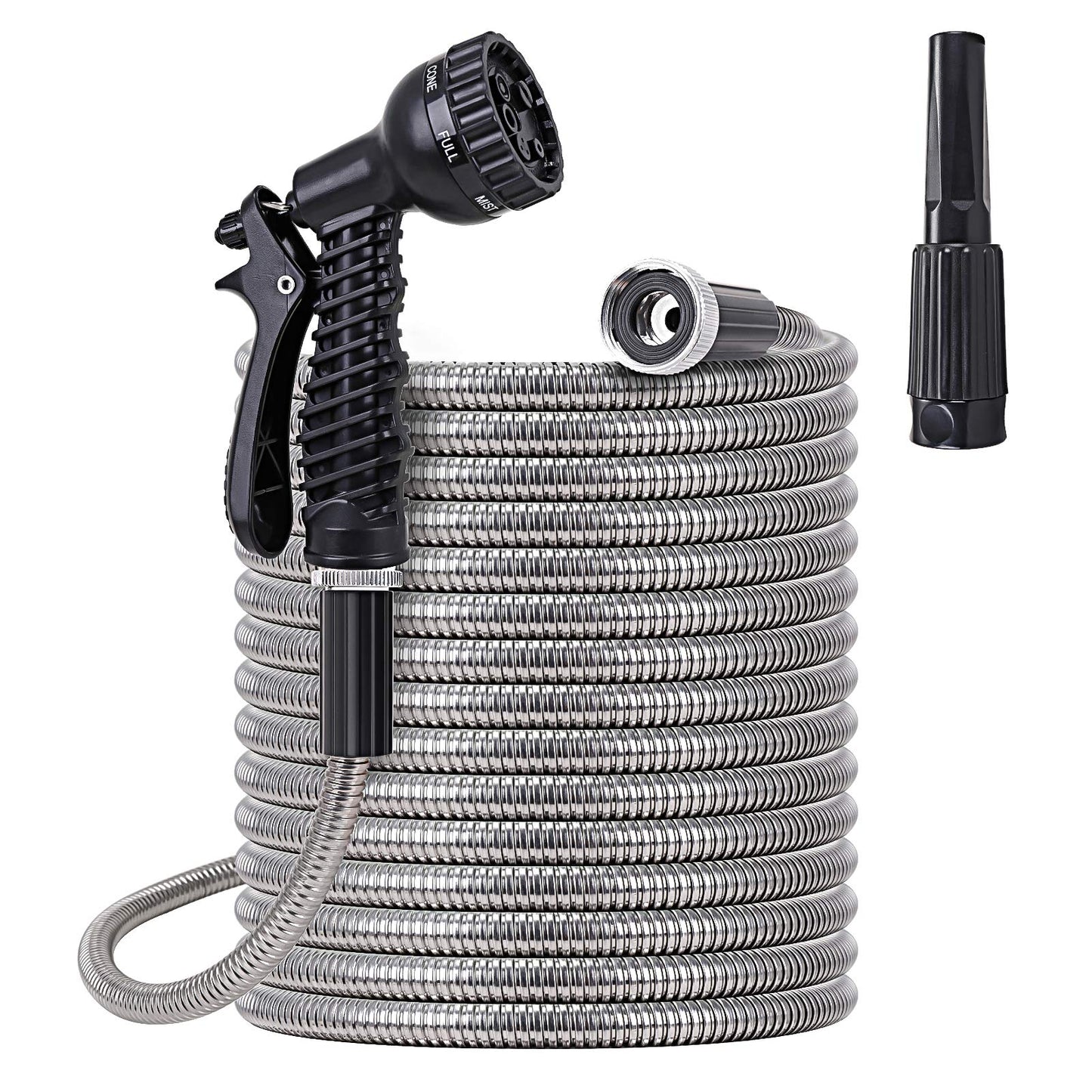 FOXEASE Metal Water Hose 25 ft - Stainless Steel Water Hose with 2 Nozzles, Lightweight, Tangle Free & Kink Free, Heavy Duty, High Pressure, Flexible, Dog Proof