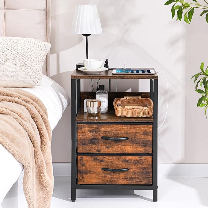 Yoobure Nightstand with Charging Station, LED Night Stand with Fabric Drawers