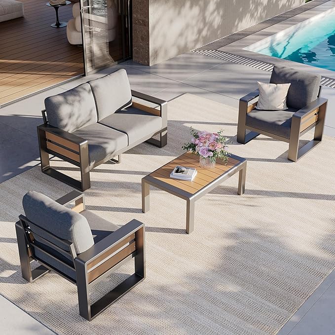 Aoxun Aluminum Patio Furniture Set, 4 Seats Luxury Metal Patio Conversation Sets