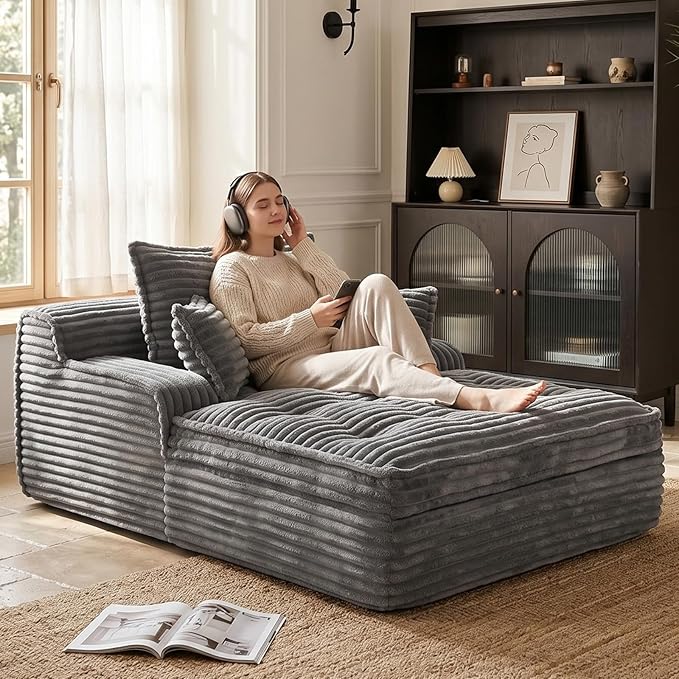 Boneless Chaise Lounge Couch Indoor, Oversized Corduroy Upholstered Sofa Bed