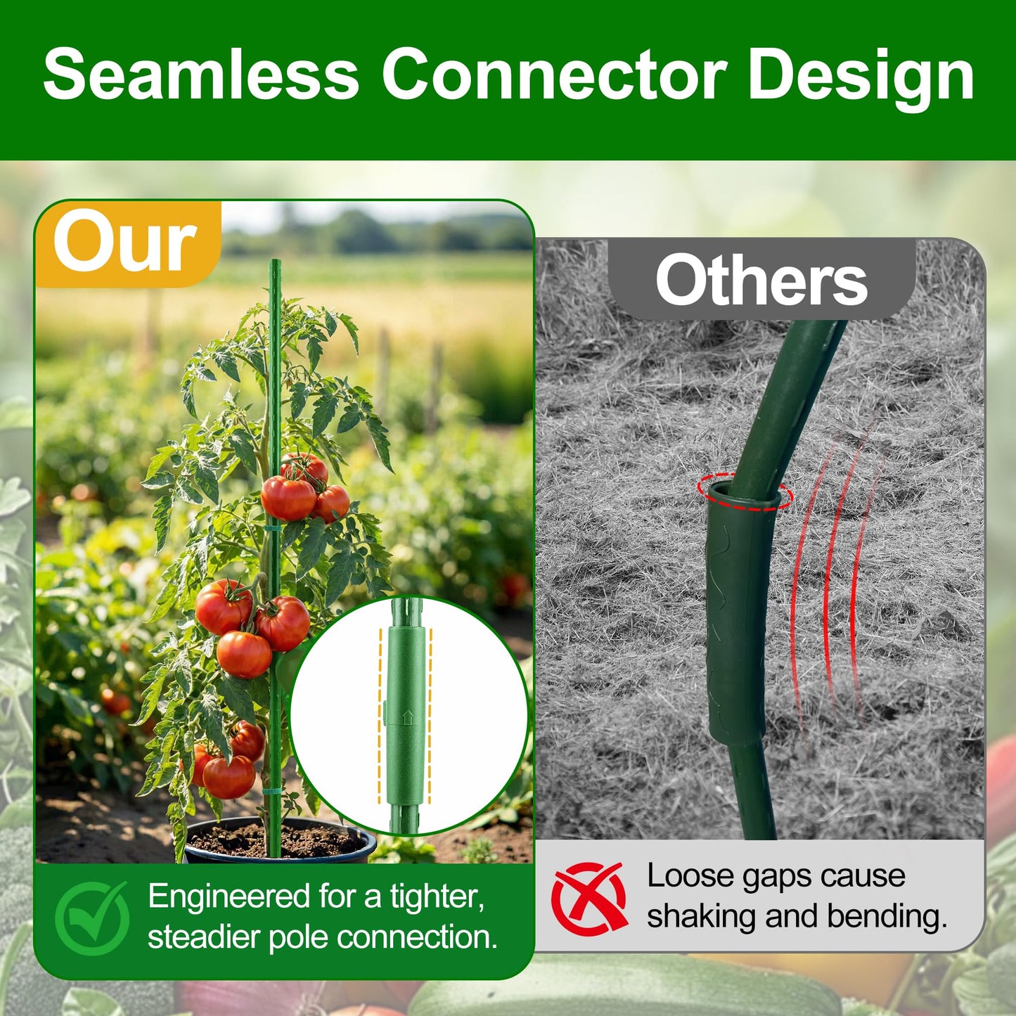WAENLIR Garden Stakes16 Inch 48 Pack, Tomato cage DIY 4ft 5ft 6ft 7ft 8ft Plant Support Stakes with Connectors and Clips, Plastic Coated Metal Sticks for Tomato Indoor Outdoor