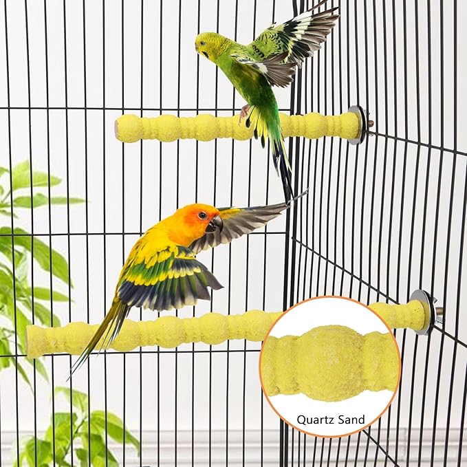 Hypeety 2PCS Wood Perch Stand Paw Grinding Stick Toy Pet Bird Cage Stand Platform for Bird Parrot Budgies Parakeet Cockatiels Cage Accessories (7in/10in) (Yellow)