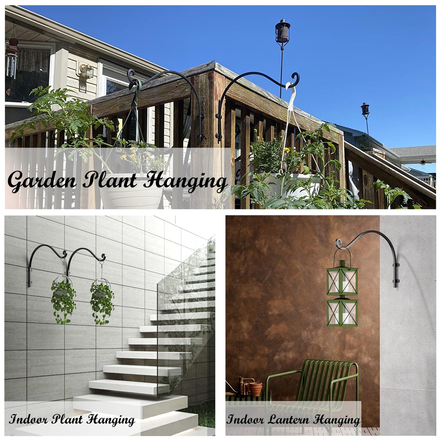 6-Pack Hanging Plant Bracket, 12-Inch Outdoor Hanging Basket Bracket, Black Metal Wall Mount Plant Hooks for Flower Baskets, Bird Feeders and Wind Chimes Indoors and Outdoors - Heavy Duty Plant Hanger