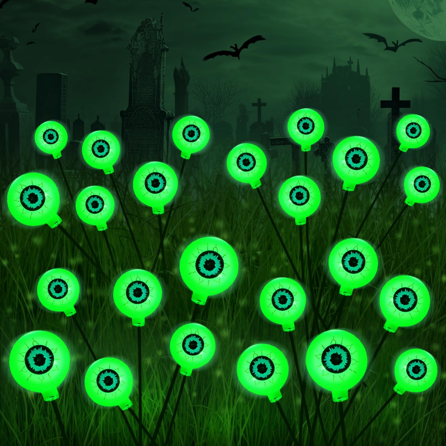 JOYIN Halloween Decorations Outdoor Solar Scary Eyeball Lights, 4 Pcs 24LEDs Green Pathway Yard Stakes, Waterproof Firefly Lights for Halloween Graveyard Yard Garden Patio Walkway Party
