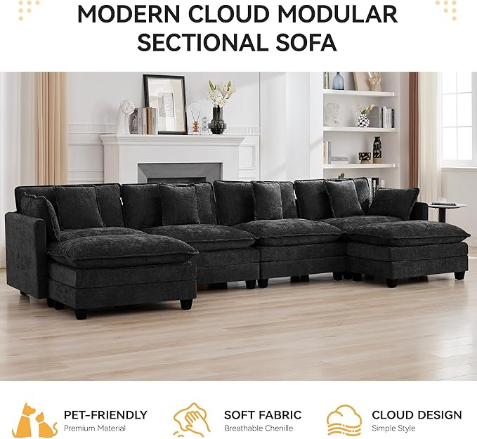 147'' Modualr Sectional Cloud Deep Seat Couch, Oversized Chenille U Shaped