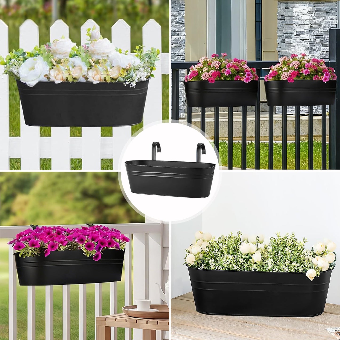 MICOKAY 3 PCS Deck Planters for Railing, 16 Inch Porch Railing Planters with Detachable Hooks and Drain Holes, Oval Hanging Flower Pots for Fence Garden, Black Metal Outdoor Planter Boxes