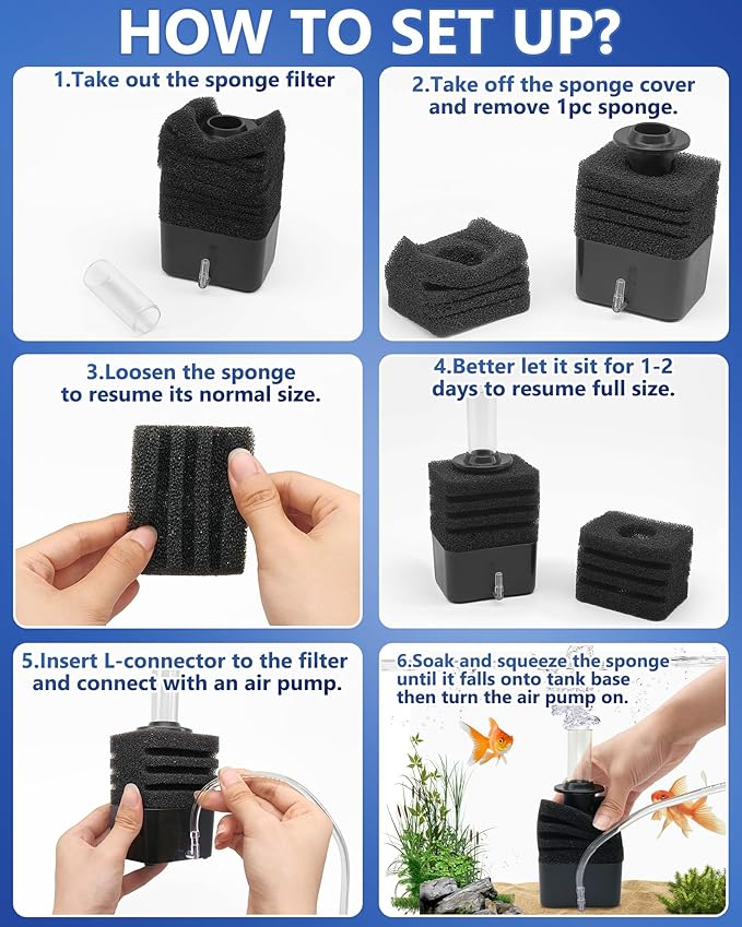 Moonorange Aquarium Bio Sponge Filter Kit, Super-Quiet Submersible Fish Tank Foam Filter with 1 Spare Sponge and Full Accessories, Suits Tanks Within 110 Gallon (L Kit)