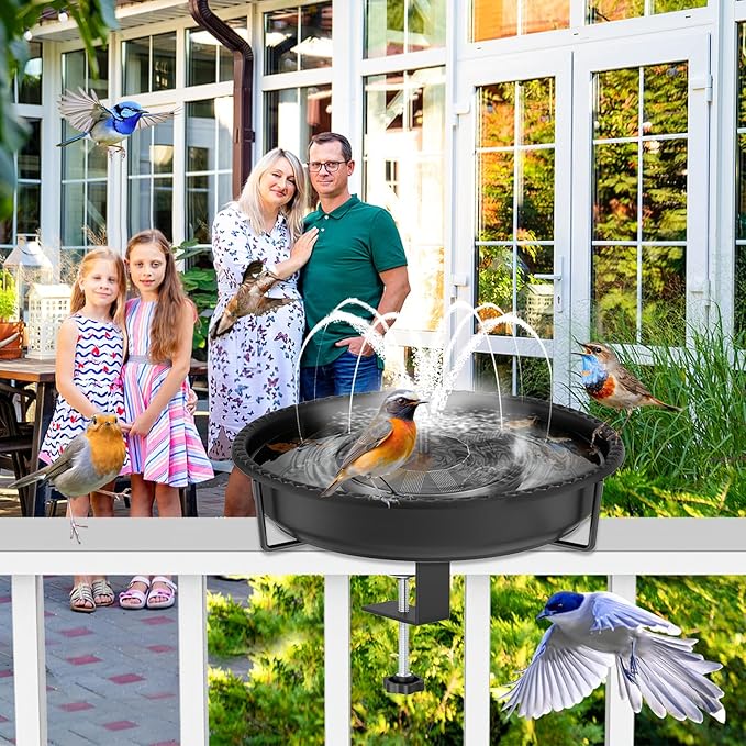 Bird Baths for Outdoors, Rustproof Metal Clamp Birdbaths & Birdfeeder with Detachable Plastic Basin, Outdoor Bird Feeding & Watering Station for Wild Birds Garden Patio Balcony (Black)
