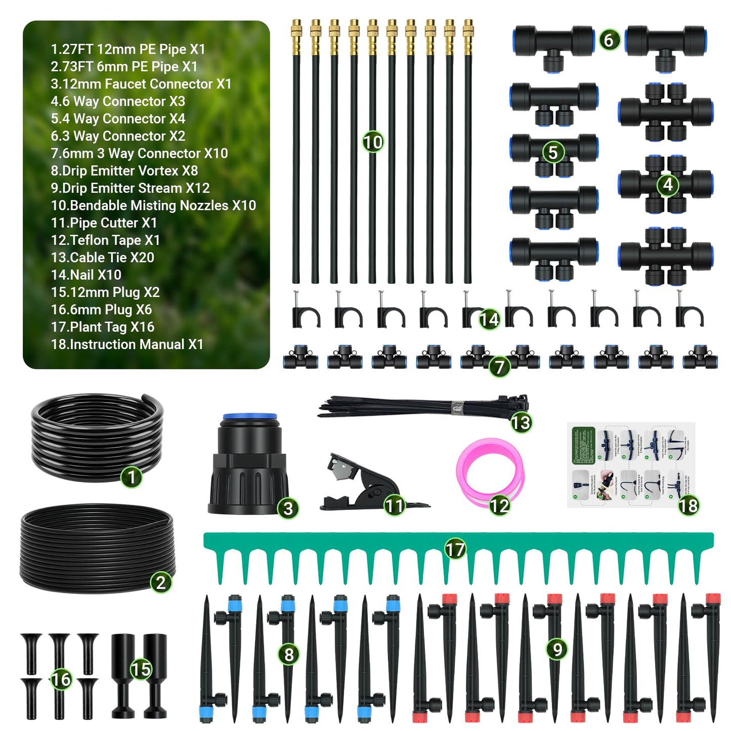 100FT Drip Irrigation Kit, Automatic Garden Watering System with Quick Connect PE Tubing, 2026 New Upgraded Water-Saving Design, 3 Adjustable Nozzles for Yard, Greenhouse, Lawn & Raised Bed Plants