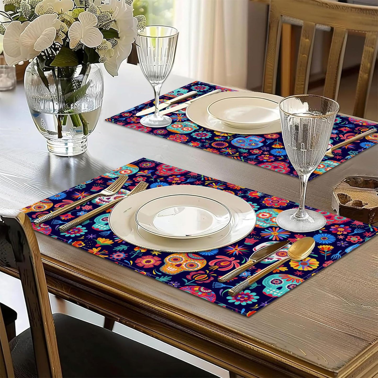Sugar Skull Mexican Día de Los Muertos Placemats Set of 6, Halloween Washable Linen Place Mat Heat Resistant Non Slip Kitchen Dining Table Mats 12x18 Inch