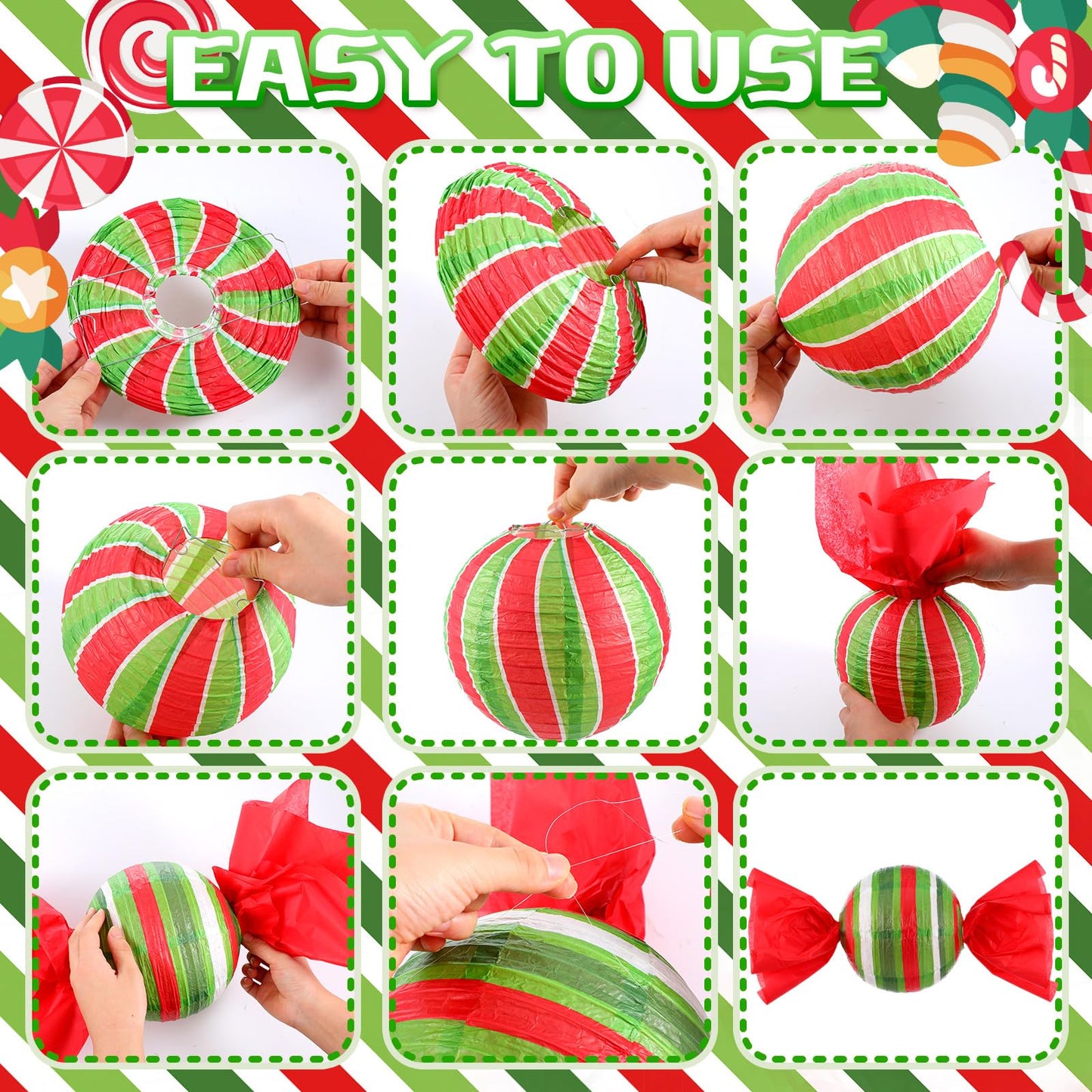 Faccito 12 Pcs Christmas Candy Paper Lanterns 8 Inch Red Green White Candy Canes Peppermint Lanterns DIY Decorative Hanging Paper Party Decorations for Xmas Party Supplies