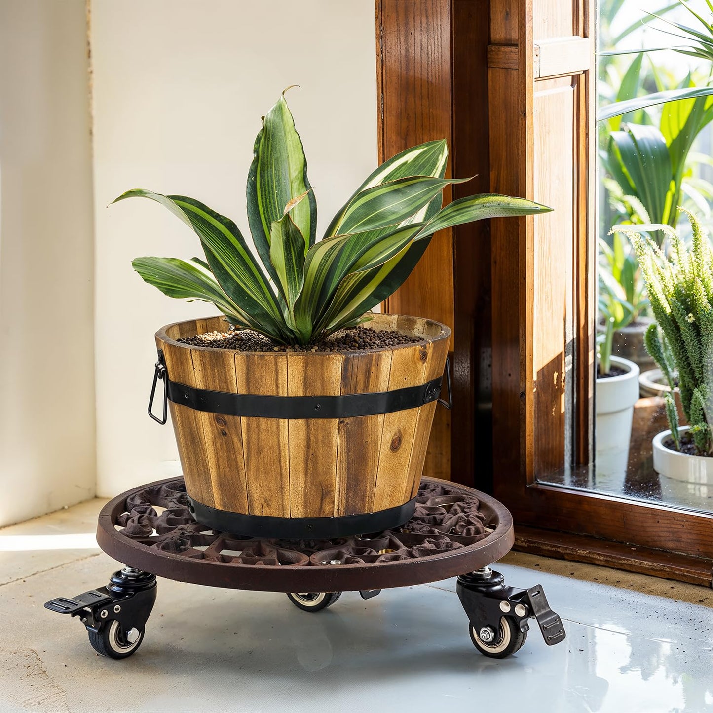 Idzo Capacity 350 lbs Plant Caddy with Wheels Heavy Duty Cast Iron Plant Stand with Lockable Wheels 12 Inch Classis Style Dark Brown