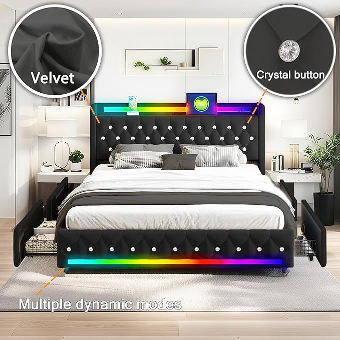 Music Player Bed with Bluetooth Speakers, Queen Size Smart Bed, USB&Type C