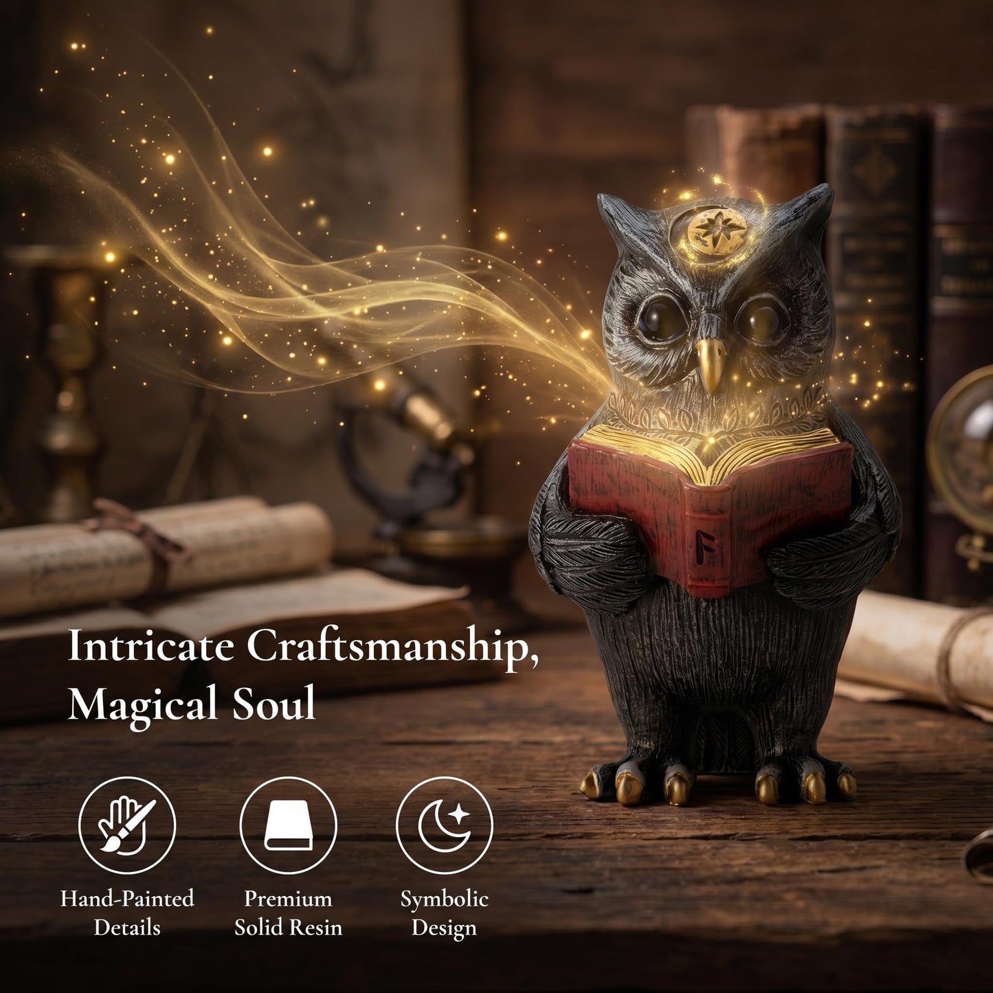 SOREFAFA Black Magic Cute Owl Reading Book Statue (3" L x 5.2" H) - Mystical Resin Figurine for Witchy Gothic Room & Dark Academia Bookshelf Decor - Gifts for Book Lovers, Wiccans, Halloween