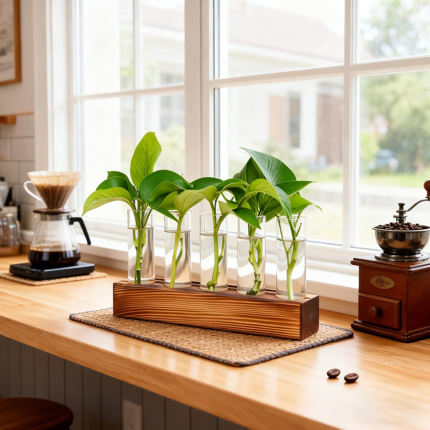 Renmxj Plant Propagation Station, Plant Terrarium with Wooden Stand, Plants Pots for Hydroponics, Small Birthday Gardening Gifts for Women Mom Plants Lovers Unique - 5 Glass Test Tubes Vases