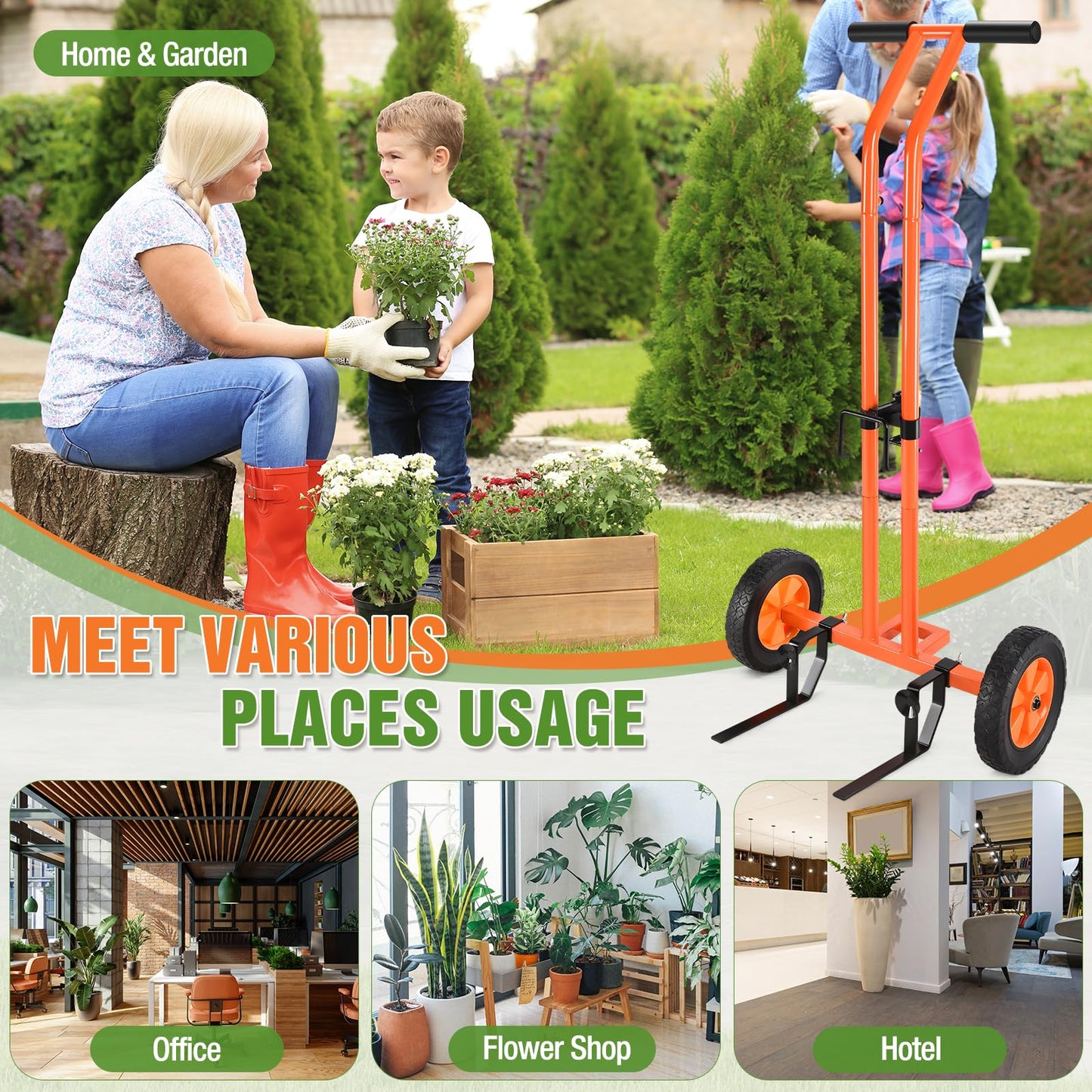 Plant Caddy with Wheels, Heavy Duty Plant Mover Cart with Adjustable Grabbing Arm and Strap, 175 LBS T-Handle Plant Dolly with Suction Cups for Plant Pots Garden Pot Trolley Indoor Outdoor Use, Orange