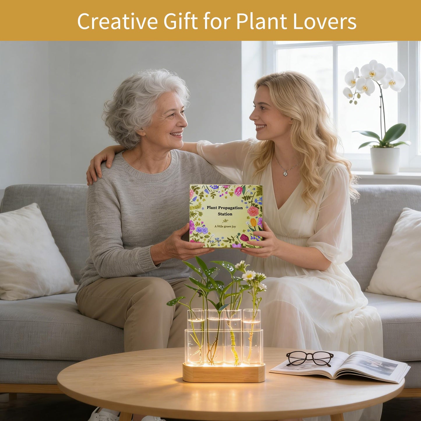 Plant Propagation Station with LED Lights, 4 Glass Test Tubes, Oak Stand, 3 Lighting Modes 9-Level Dimming, Rear USB-C Hidden, for Window Sill Desk Shelf, Gift for Plant Lovers