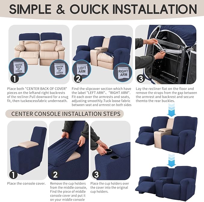 Recliner Loveseat Covers with Console, 6-Piece Stretch Geometric Strokes