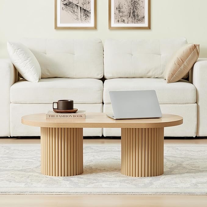 Oval Fluted Coffee Table, Farmhouse Wood Coffee Table Mid Century Modern Center