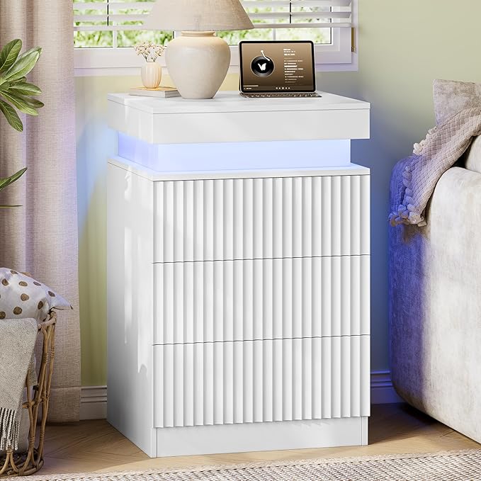 Xixini Nightstand with Charging Station and LED Lights, Fluted Night Stand with