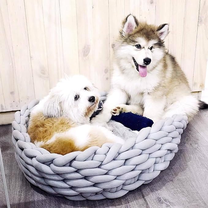 Woven Dog Bed Basket, Knitted Cotton Cat Bed Round Washable Woven Cat Pet Bed Chunky Dog Basket, Orthopedic, Chunky Knit Dog Nest,Dog Bed,Dog Cave,Dog Bedding(Purple,17")