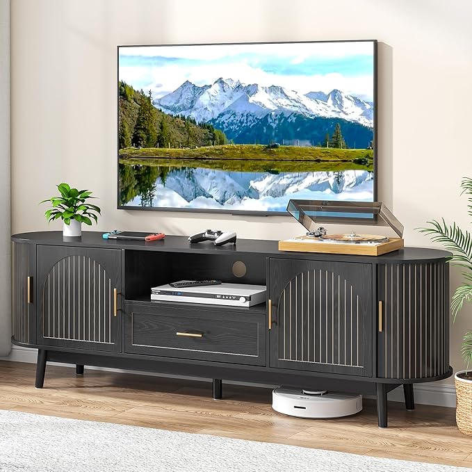 70" Fluted TV Stand for Tvs up to 80", Mid-Century Modern Entertainment Center