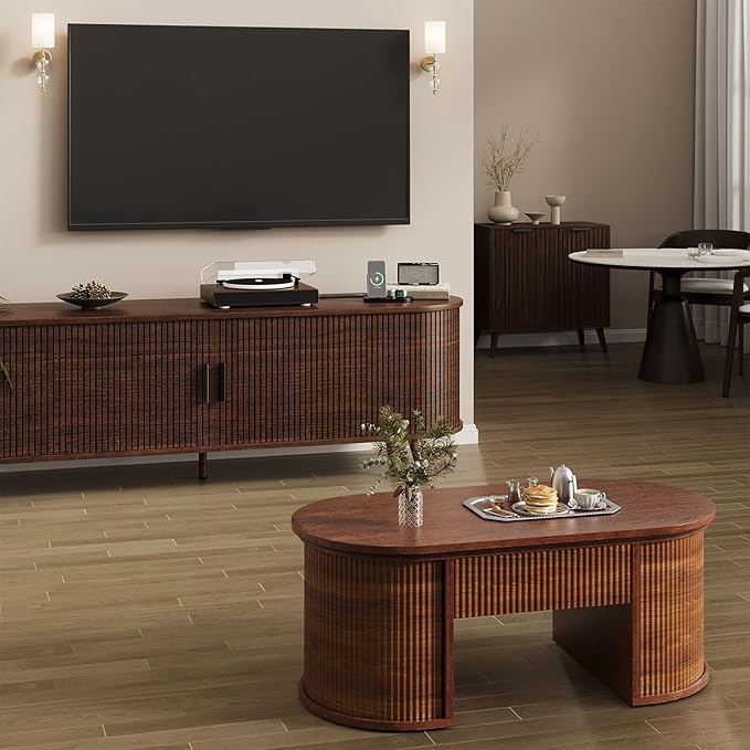 63 inch TV Stand with Power Outlet, Fluted Entertainment Center