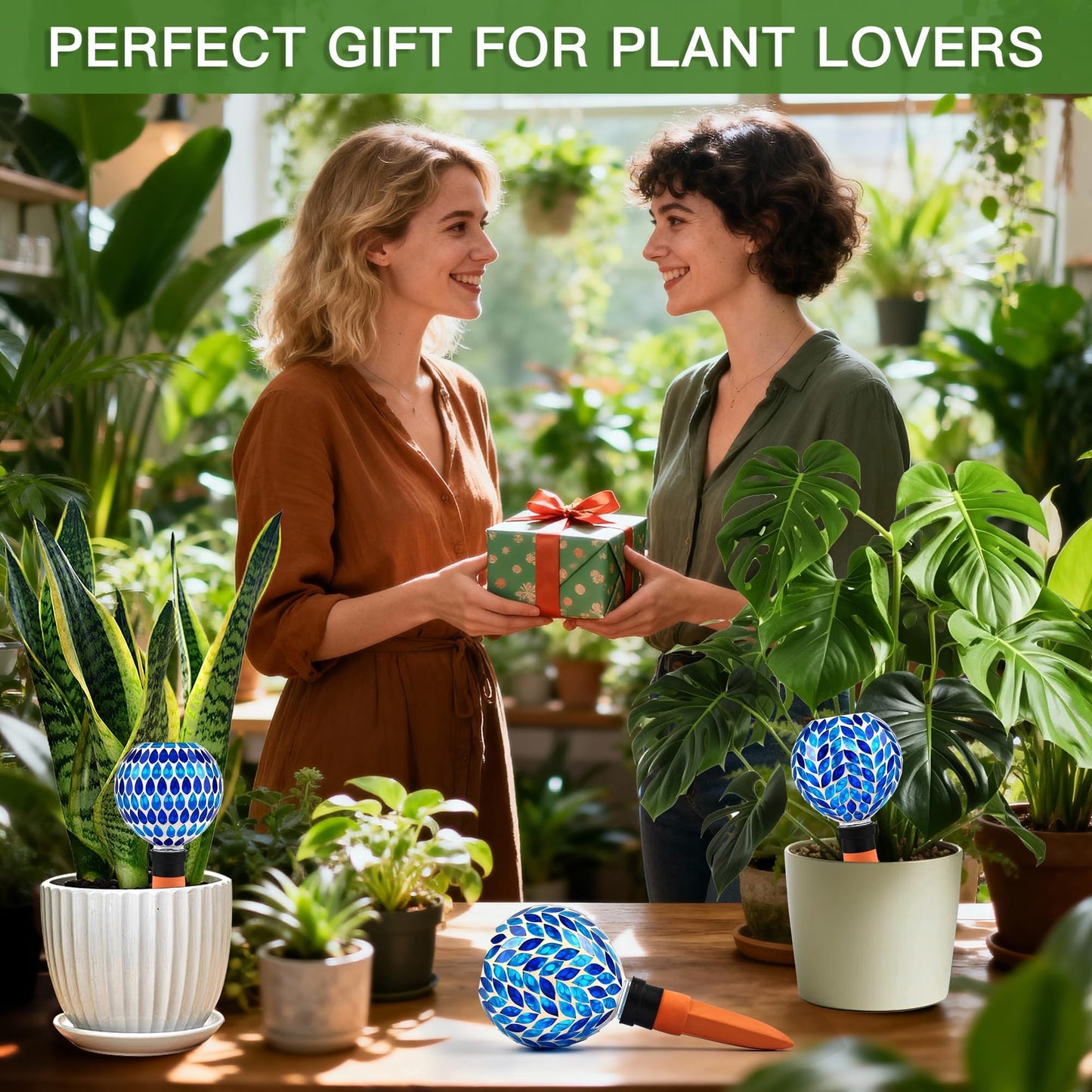 VOREEN Blue Mosaic Self Watering Globes 2 Pack, 500ml Handmade Glass Terracotta Plant Spikes, Automatic Self Watering Devices for Indoor Outdoor Pots, Decorative Water Saver Gift for Garden Lovers