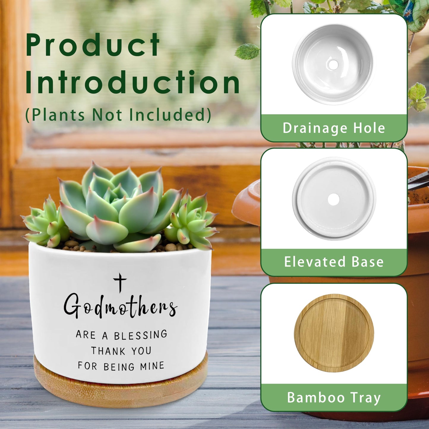 ROXMART Godmother Proposal Gift Plant Pots, Godmother Gifts from Godchild Succulent Planters, God Mother Gifts for Women Ceramic Plant Flower Pots for Home Office Desk Table Shelf(No Plants)