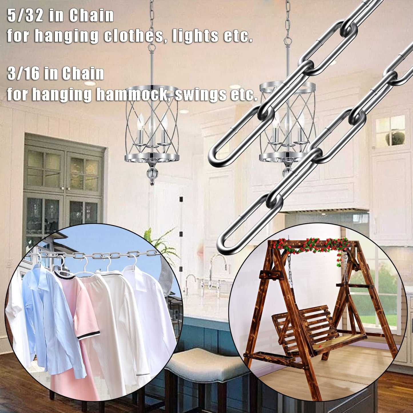Stainless Steel Chain, Lsqurel 6.5ft Metal Chain Link Chain 3/16in Heavy Duty Chain Utility Chain Jack Chain for Home Outdoor Camping Hanging etc (3/16in-6.5ft)