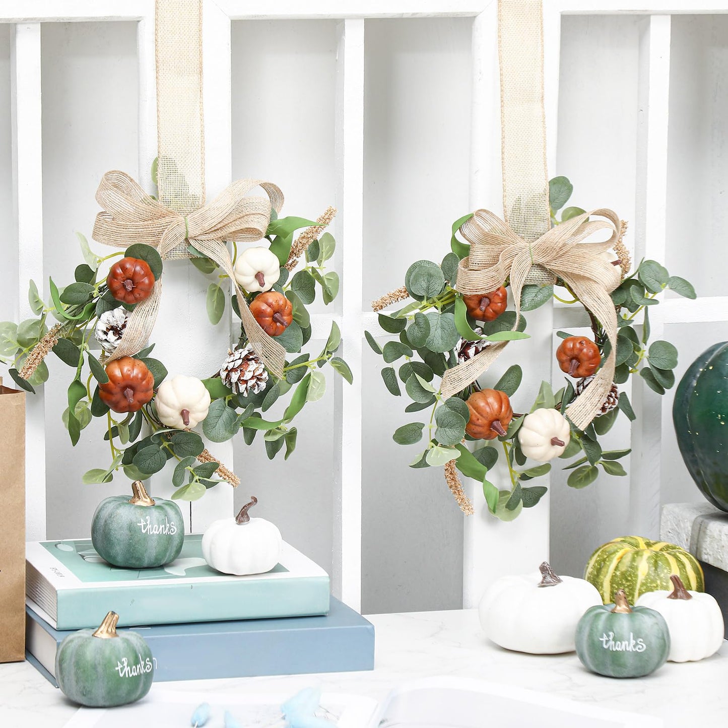 Syhood 2 Pcs 9" Mini Fall Wreath Small Pumpkin Cabinet Wreath Autumn Eucalyptus Decor with Rustic Bow for Fall Harvest Thanksgiving Porch Wall Window Decor(Eucalyptus Pumpkin Style)