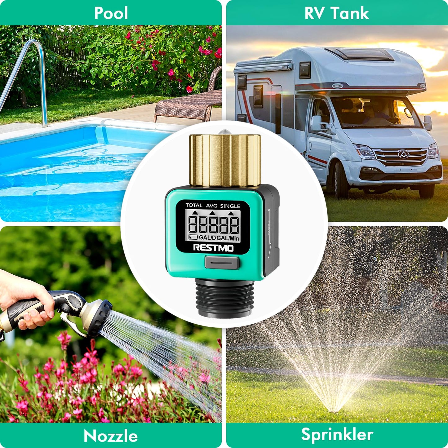 RESTMO Water Flow Meter with Brass Inlet Metal Thread, Measure Gallon/Liter Consumption and Flow Rate for Outdoor Garden Hose Watering, RV Water Tank Filling, Lawn Sprinkler and Nozzle Sprayer