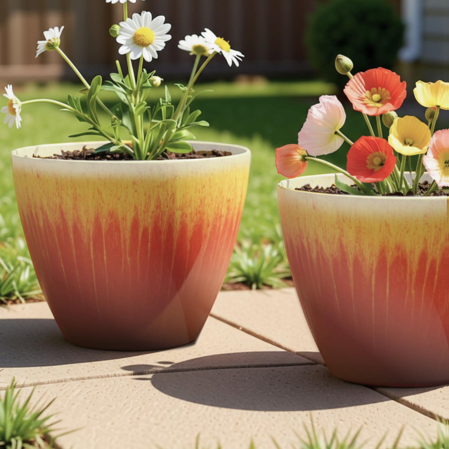 LESOASIS Plant Pots Pack of 4, 8 inch Plastic Flower Pots, Modern Glossy Finishing Planter for Indoor Outdoor Plants (Orange Glaze, 4 Pack)