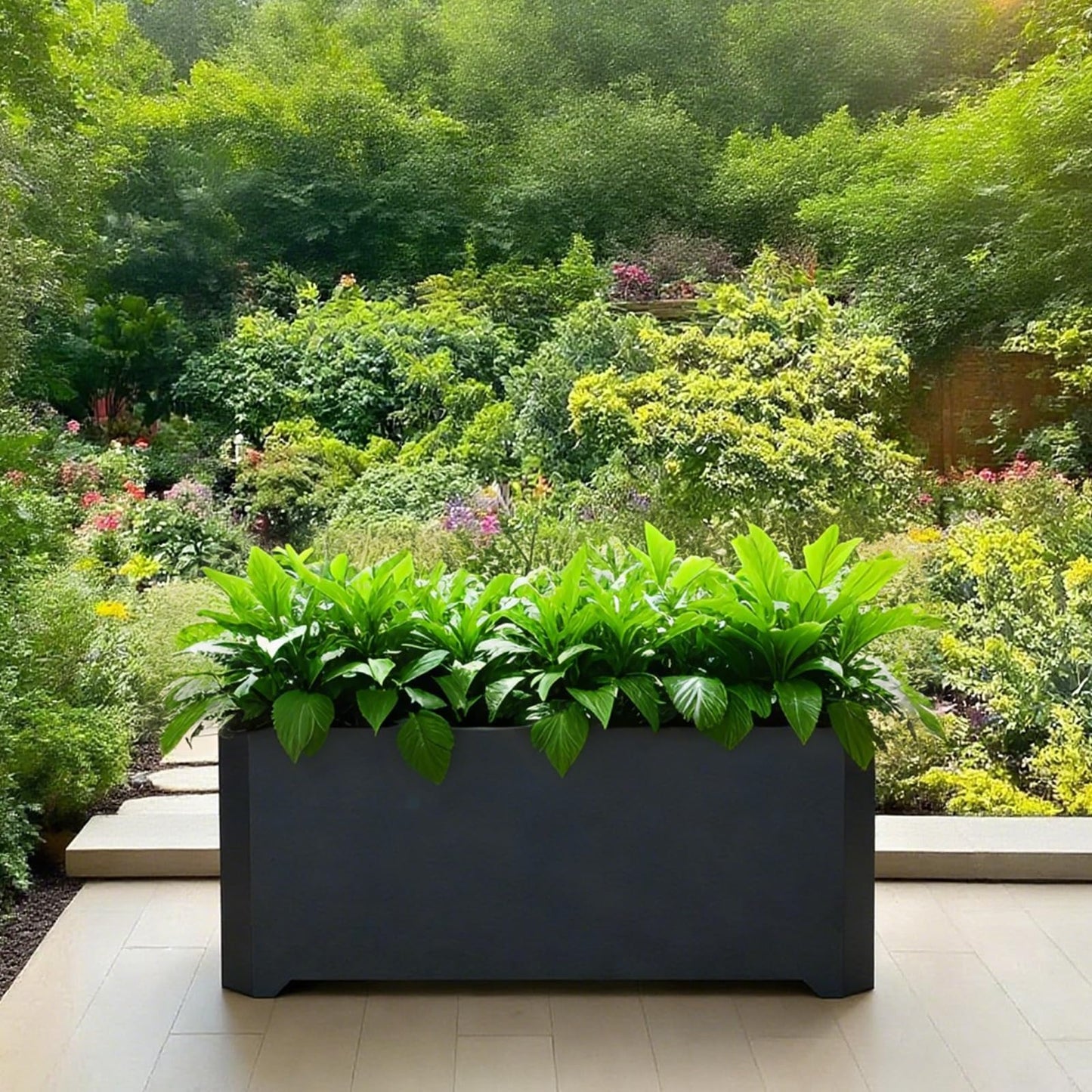 GJWCVL Steel Planter Box-32"x15"x15"-Rectangular Planters for Outdoor Plants, Black Matel Planter Box Raised Support Feet for Patio, Deck, Garden, Yard, Drain Holes, Easy Assembly