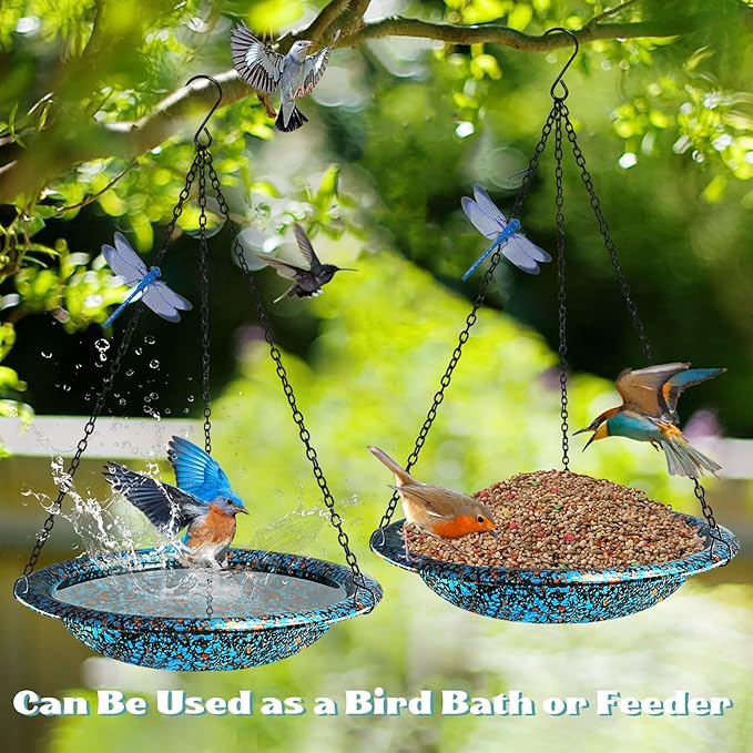 Hanging Bird Bath for Outside 11.4 inch Birdbath Bowl with Rust-Proof Black Chains Hooks Metal Hanging Window Bird Feeder for Outdoor Garden Decor (Blue Mix Copper Color)