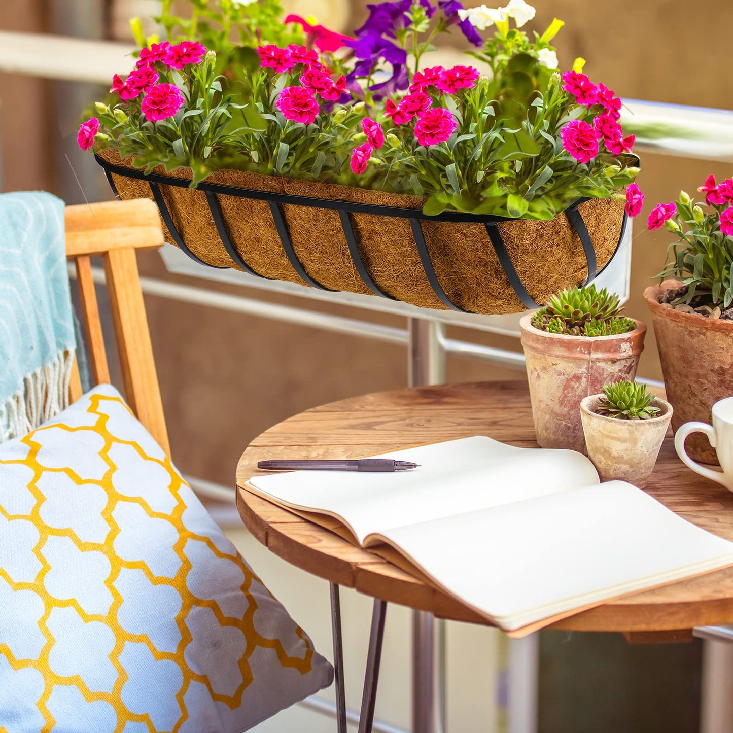 Tessco for you 6 Pieces Railing Planter Boxes, 24 Inches Window Box Planters with Coco Liner and Adjustable Brackets for Deck Porch Fence Patio Balcony Gardening Outdoor Plants