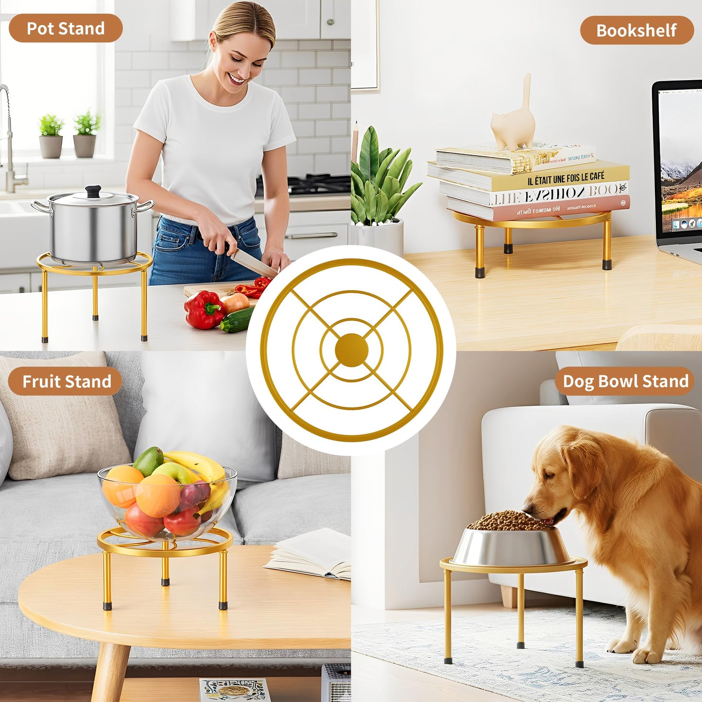 NQW 5 Pack Metal Potted Plant Stands,Flower Pot Stand Holder,Heavy Duty Plant Shelf for Multiple Plant,Rustproof Planter Container Round Supports Display Rack for Home(GoldCircle)