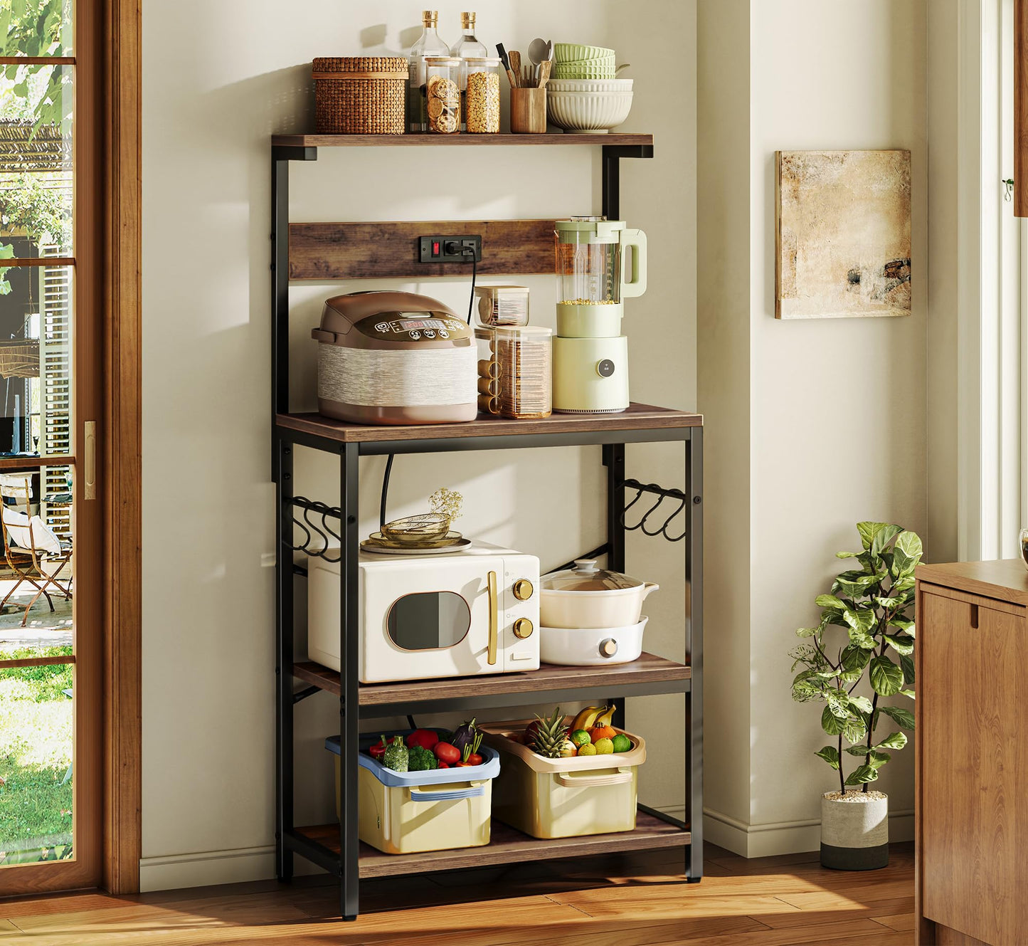 SUPERJARE Kitchen Bakers Rack with Power Outlet, Coffee Bar Table 4 Tiers, Kitchen Microwave Stand with 6 S-shaped Hooks, Storage Shelf Rack for Spices, Pots and Pans - Rustic Brown