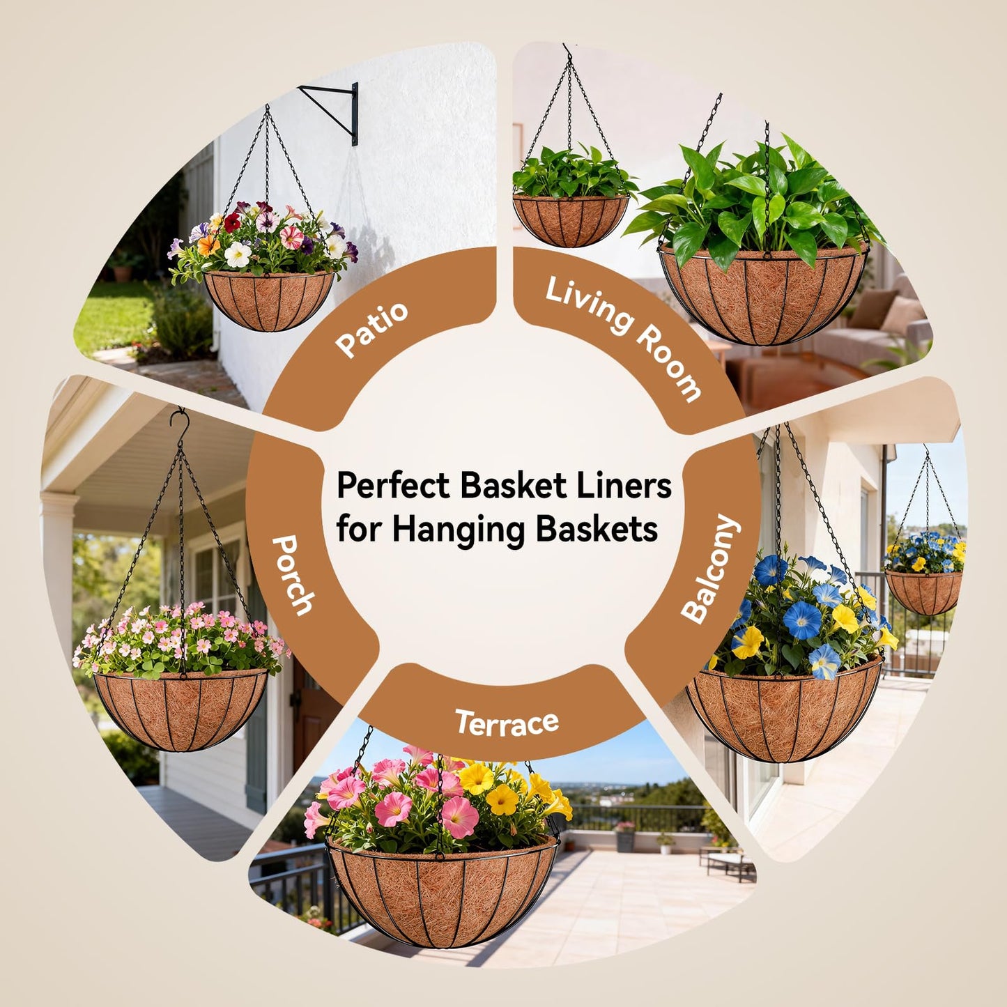 Halatool 3PCS 14 Inch Coco Liners for Hanging Baskets Round Hanging Basket Liners 100% Natural Coconut Husk Liner for Planters for Flowers Vegetables Indoor Outdoor Plants