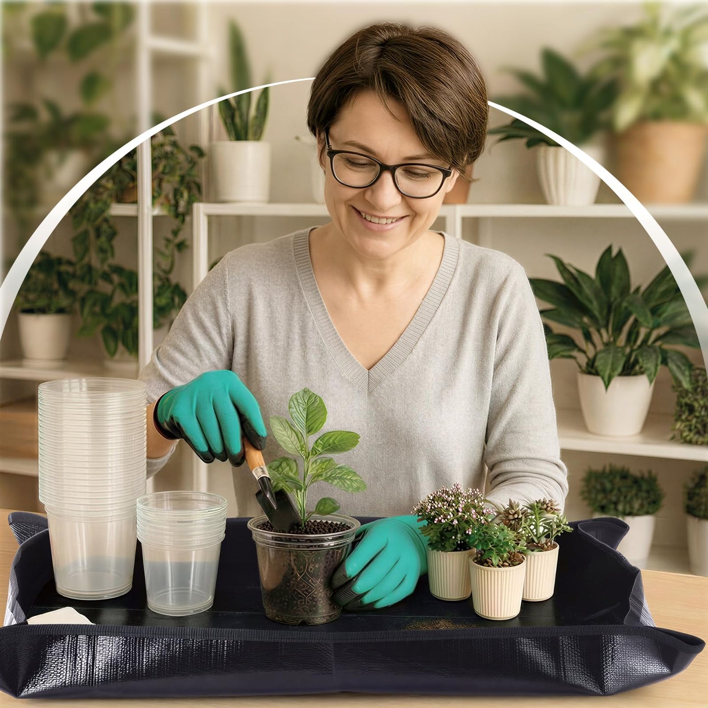 Yiyiring 83 Pcs Garden Supplies Tools Kit, 5/6/7 Inch Clear Plastic Plant Pots with Transplanting Mat, Trowel Cultivator Rake Set, Label & Glove, Succulent Tools Gift for Plant Lovers Accessory