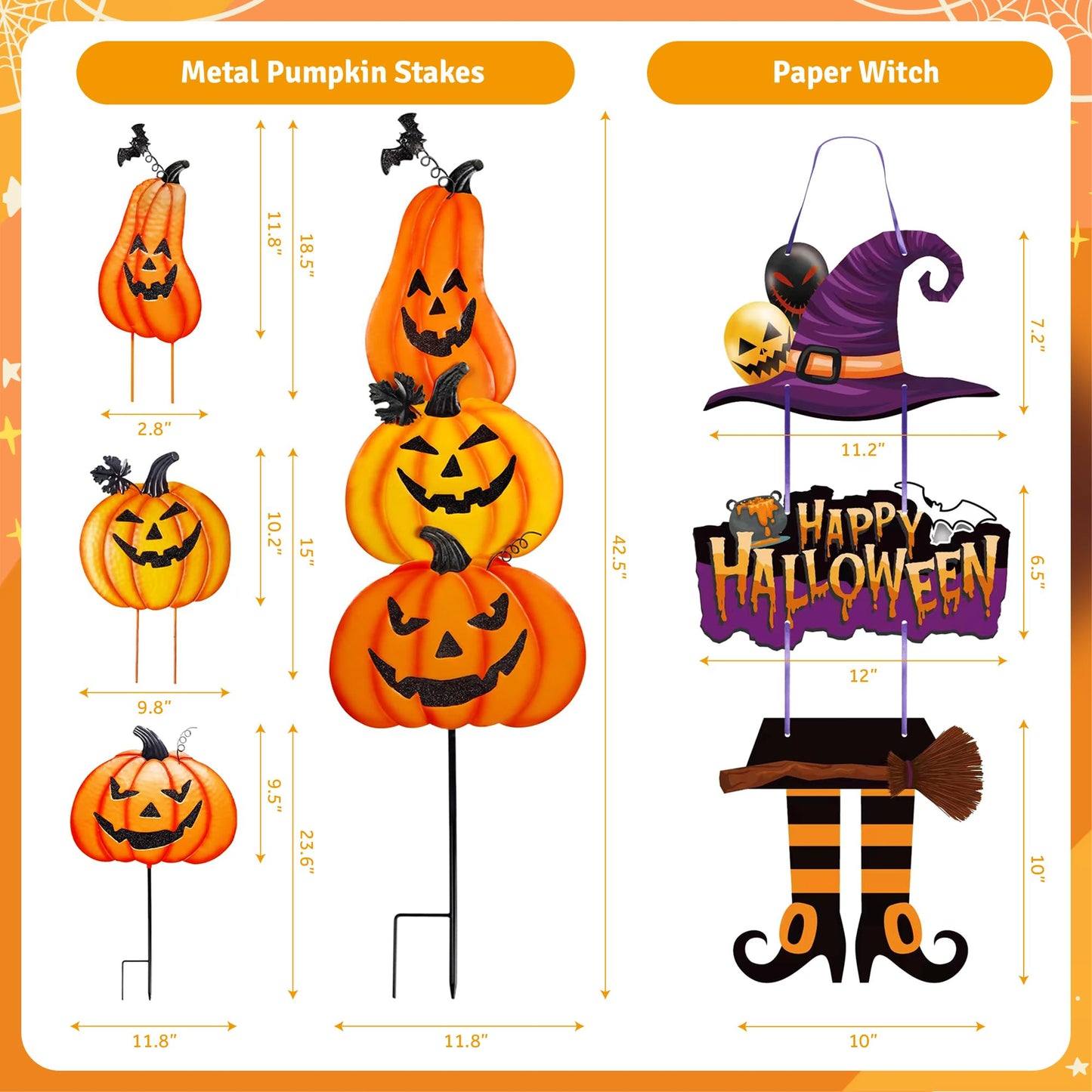 CAMATET Halloween Metal Pumpkin Yard Stakes, Stackable Pumpkin Signs Garden Stake with Witch Door Hanging, Outdoor Halloween Decorations for Lawn Party (Set of 3, Style A)