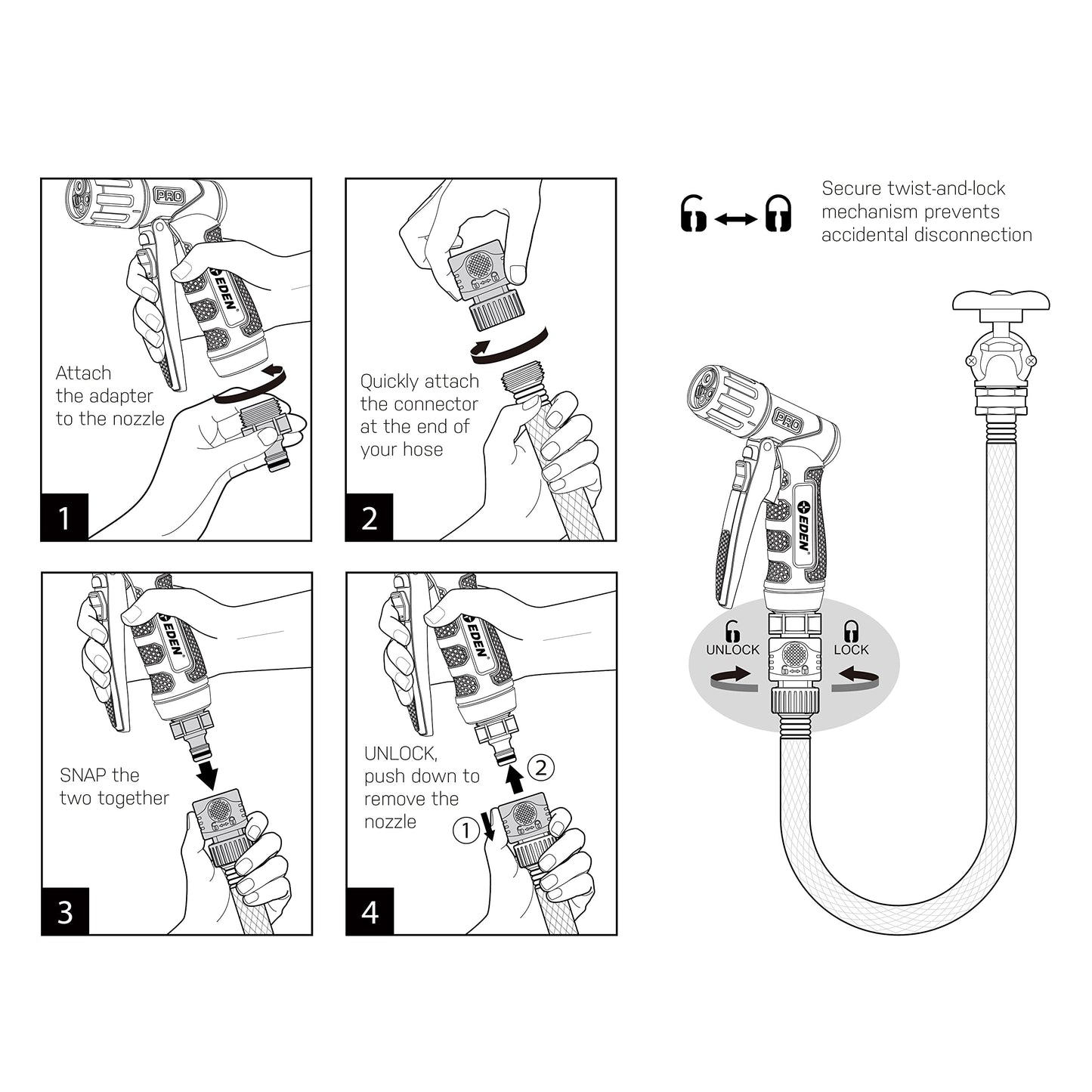 Eden 94834 Heavy Duty Metal Garden Hose Nozzle Sprayer High Pressure 4 Spray Pattern W/Quick Connector Set for Watering Plants, Lawns&Garden