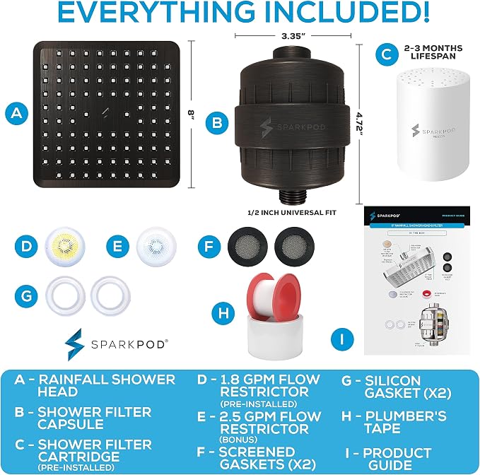 SparkPod 23-Stage Filtered Shower Head, 8" Square, Oil-Rubbed Bronze | Filtered Shower Head for Hard Water Filter, High Pressure, Reduces Chlorine, Heavy Metals, For Dry Skin & Hair