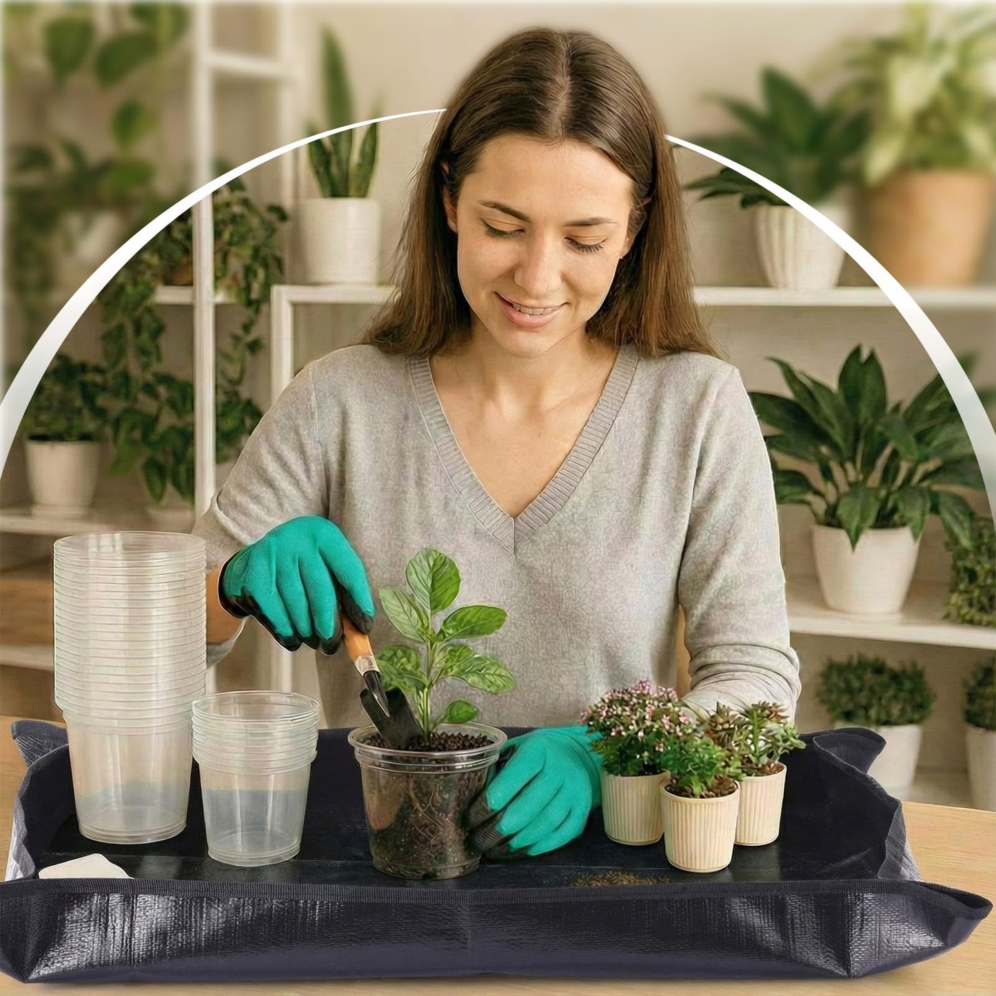 Yiyiring 83 Pcs Garden Supplies Tools Kit, 3/4/5 Inch Clear Plastic Plant Pots with Transplanting Mat, Trowel Cultivator Rake Set, Label & Glove, Succulent Tools Gift for Plant Lovers Accessory